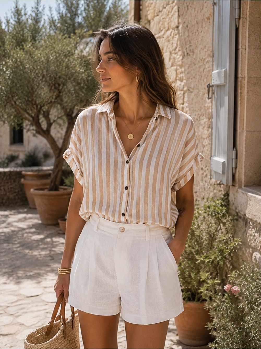 Sonoma Linen-Blend Beige and White Striped Short-Sleeve Button Down Top